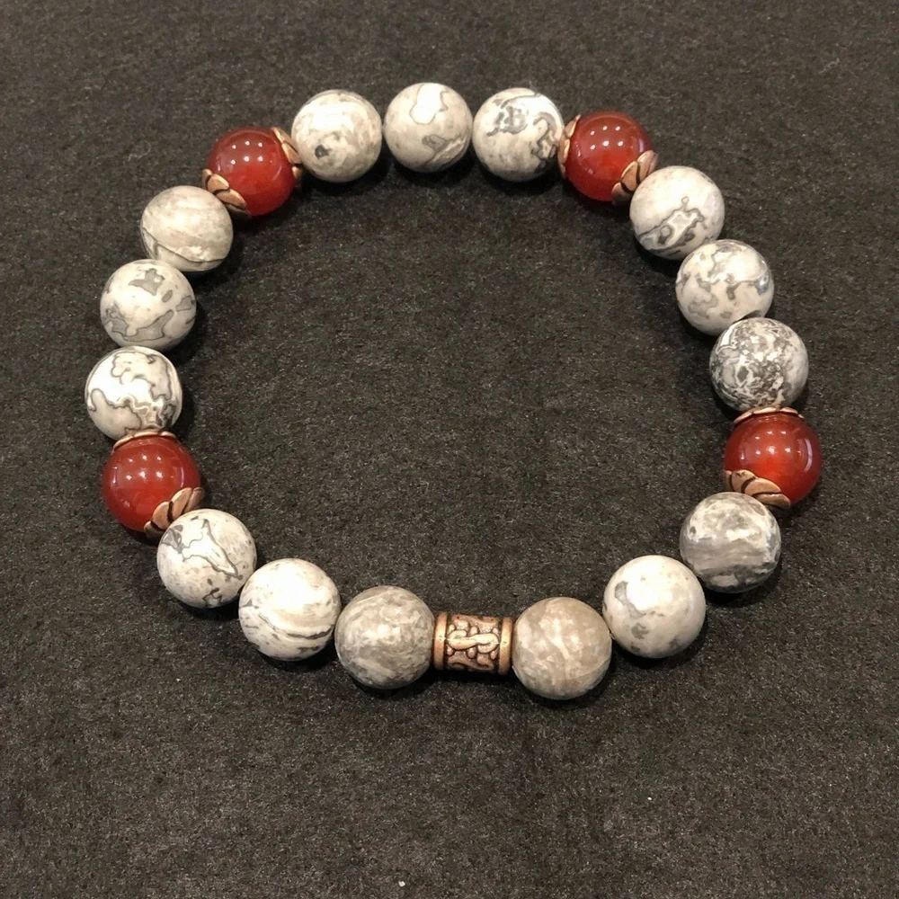 FOSSIL MAP JASPER & CARNELIAN Stone beads stretch bracelet with copper spacers.
